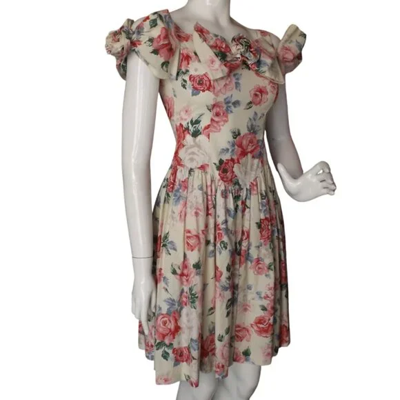 JESSICA MCCLINTOCK/GUNNE SAX Dress, XS, Pink/red floral, Open Shoulder/Bows - Picture 3 of 11
